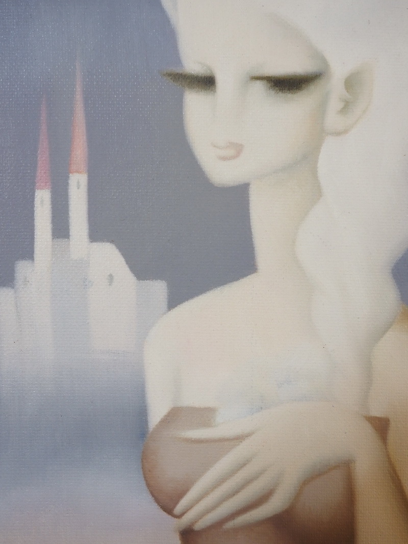 □ 日本 人物像・少女 赤い尖塔 F6号画作 東郷青児 額縁付き 中古絵画