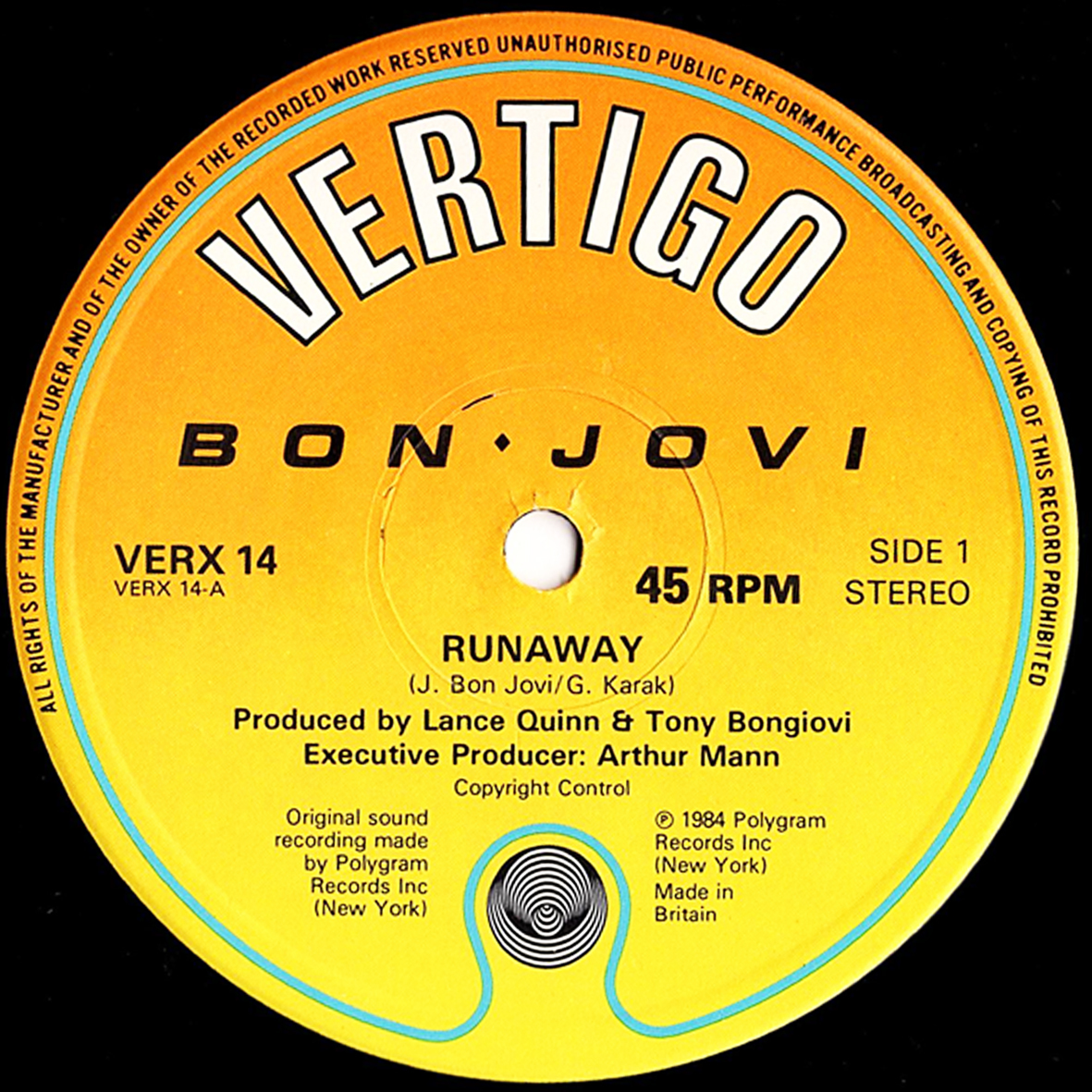 ◆ヴァーティゴ/英国盤12’’◆Bon Jovi / ボン・ジョヴィ「Runaway（邦題：夜明けのランナウェイ）」Vertigo VERX 14/1984年/ハードロック_3