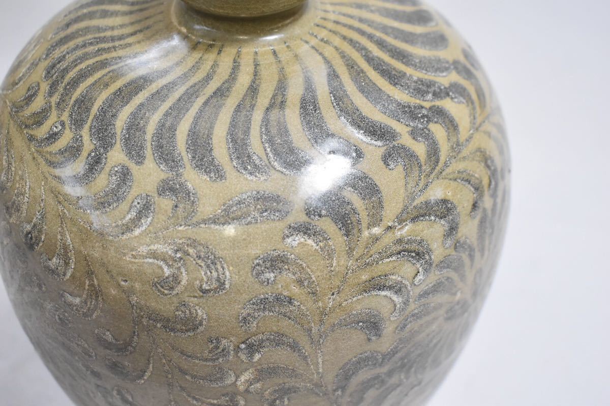 鉄絵 絵高麗　高麗青磁 花草紋 梅瓶　朝鮮 高麗 李朝 花瓶 骨董品 時代品 英】1897 時代 高麗青磁梅瓶 H27.8cm 中国美術 朝鮮 韓国 高麗 李朝