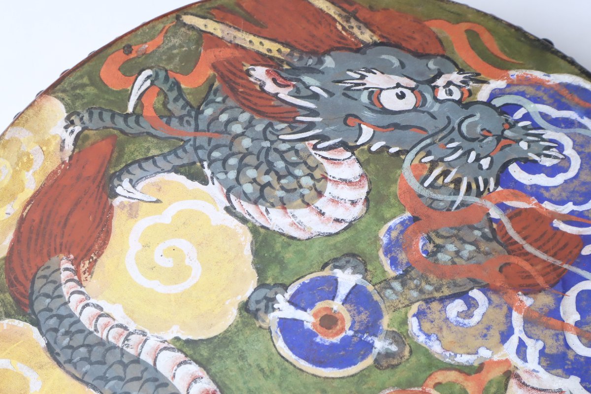 和太鼓　太鼓　アンティーク　14in 木彫り　龍彫り　長期保管品 仏教美術 彩色 雲龍図 楽太鼓 寺院仏具 雅楽太鼓 和太鼓 平太鼓 1の