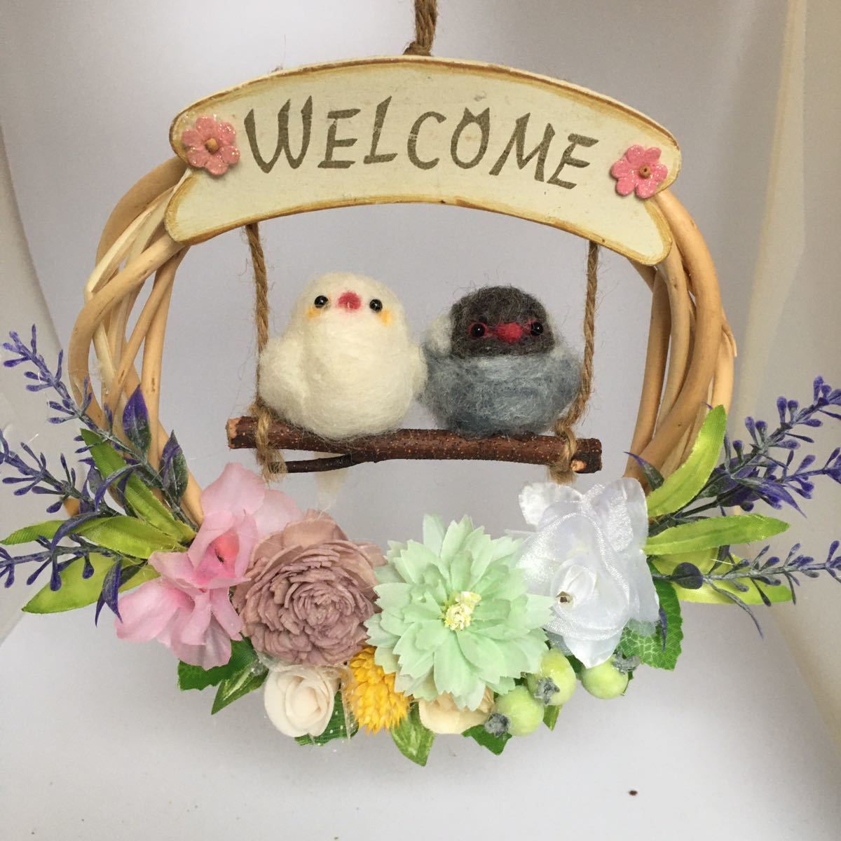羊毛フェルト ◇文鳥さんのブランコリース◇ウェルカムリース