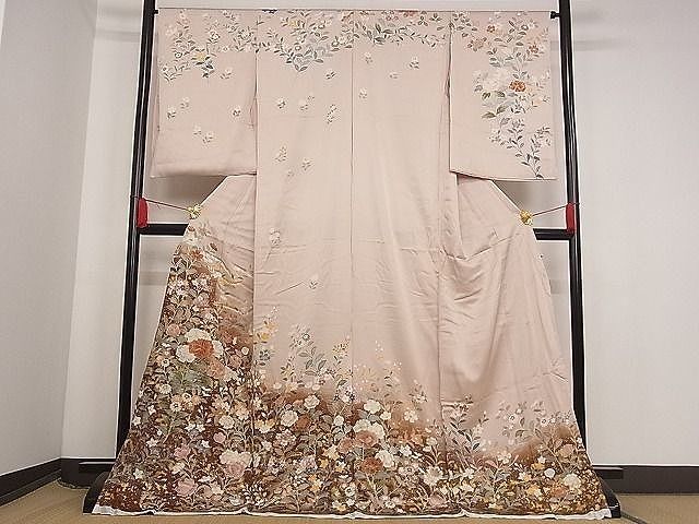着物屋こころ■訪問着　駒刺繍　草花文　暈し染め　金彩　仮絵羽　正絹　逸品　B-np3712