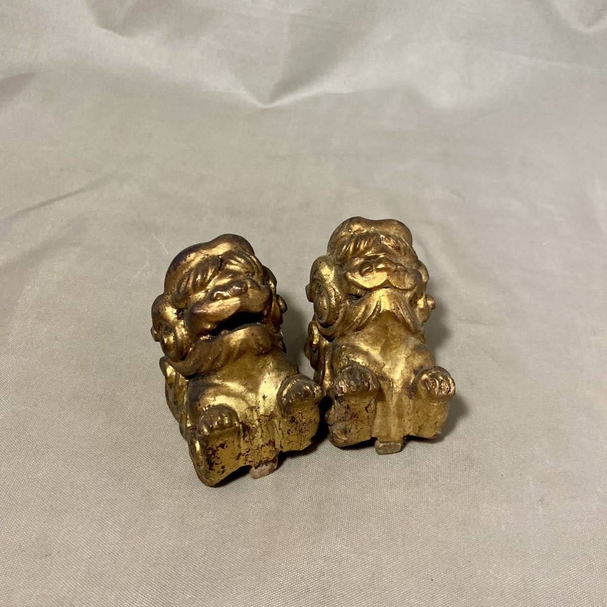骨董 仏教美術 塗金 金彩 木鼻 彫刻 獅子 狛犬 阿吽 一対 古い 木彫り 