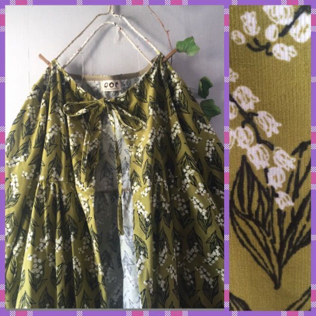 handmade::コーディロイ生地スズラン花柄ロングカーディガン：北欧英国ハンドメイドマスタード色カラシワンピース羽織リボンコットン綿