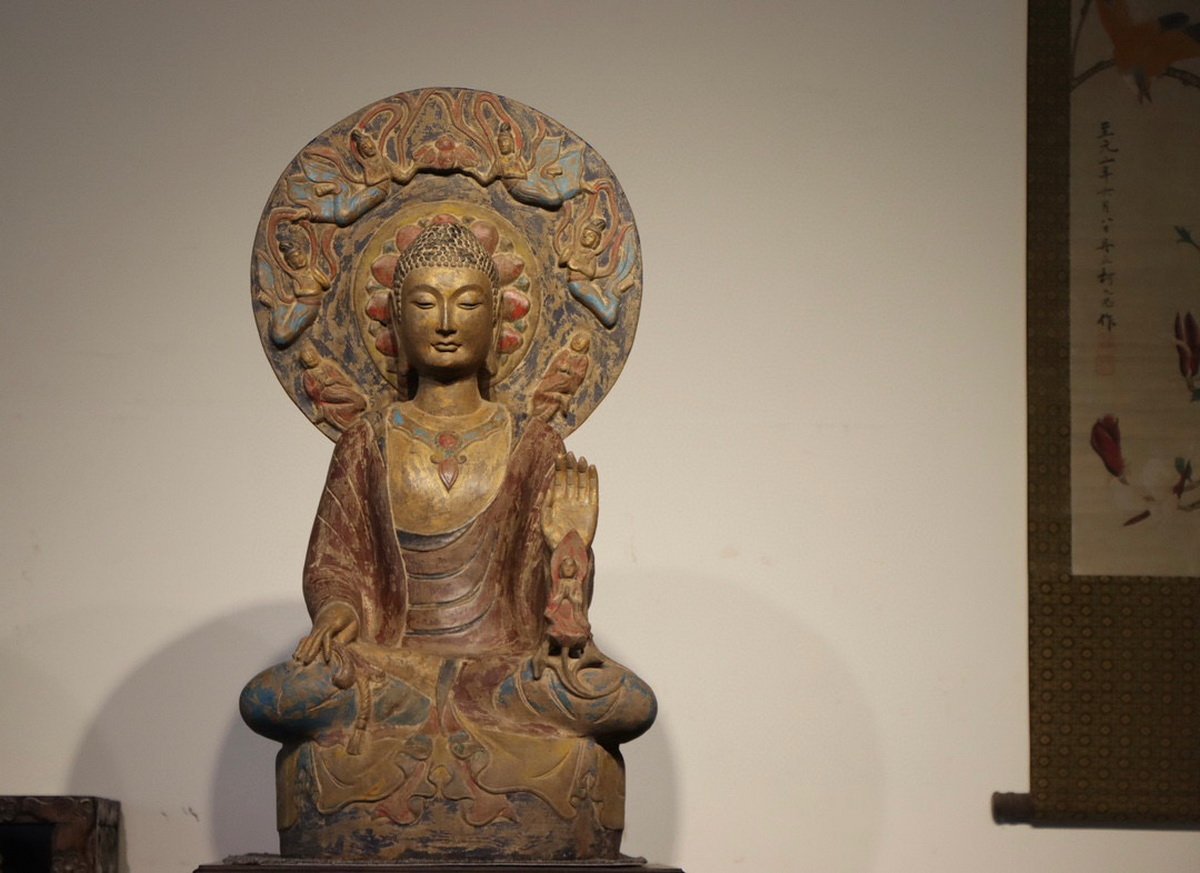 仏教美術 中国 銅 釈尊坐像 ◇鶴鳴堂◇中国・北斉時代 青石彫 彩絵金彩 釈迦如来坐像 超絶技巧 古