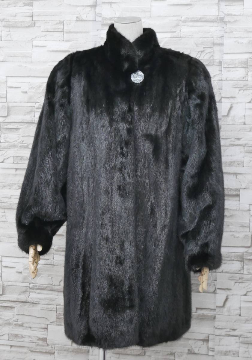 ■ダークミンク■ロングコート■着丈90cm■SAGAシルバー■襟元ボタン付き■