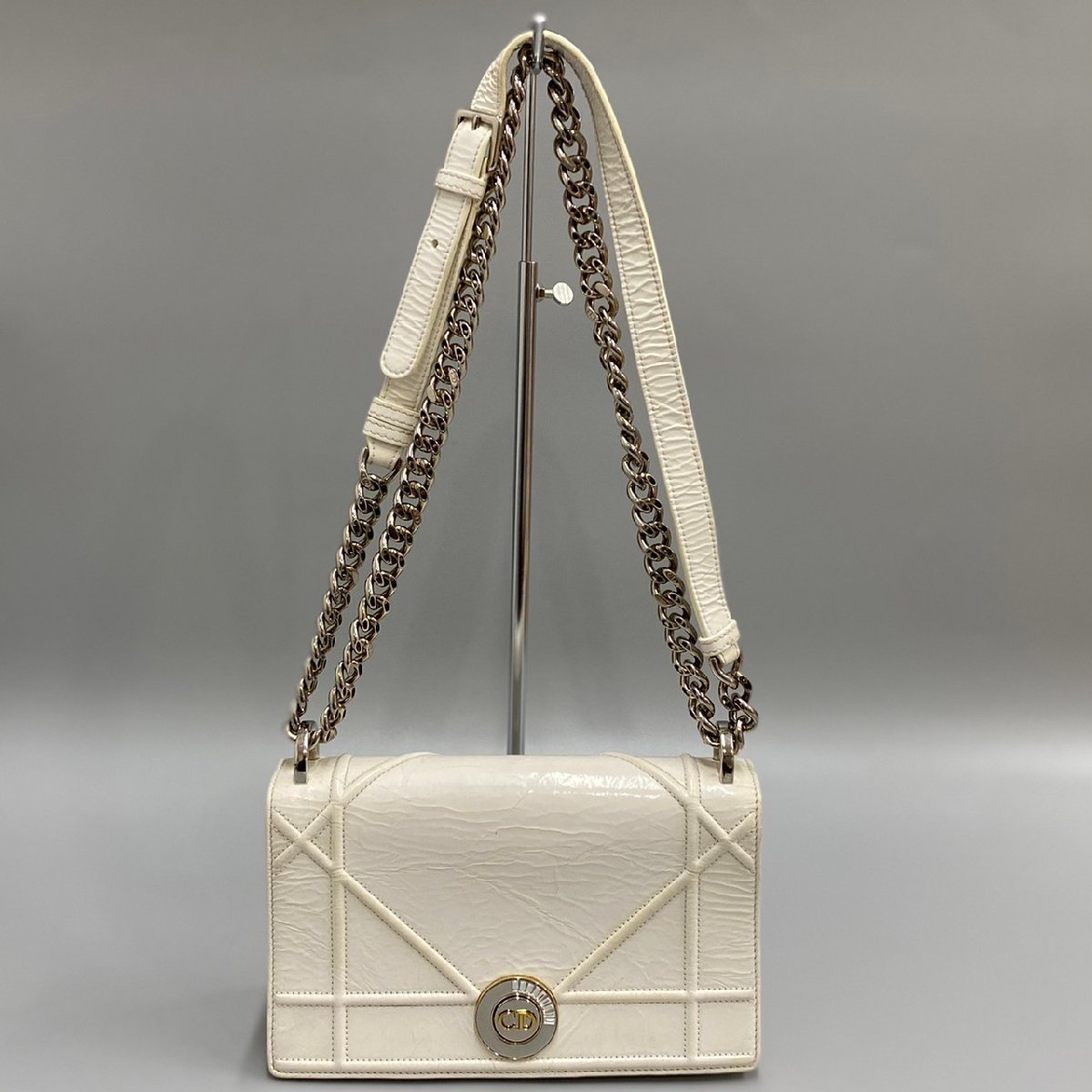 1円 美品 Christian Dior クリスチャン ディオール ディオラマ CD ロゴ レザー 本革 チェーン ミニ ショルダーバッグ ホワイト 22373