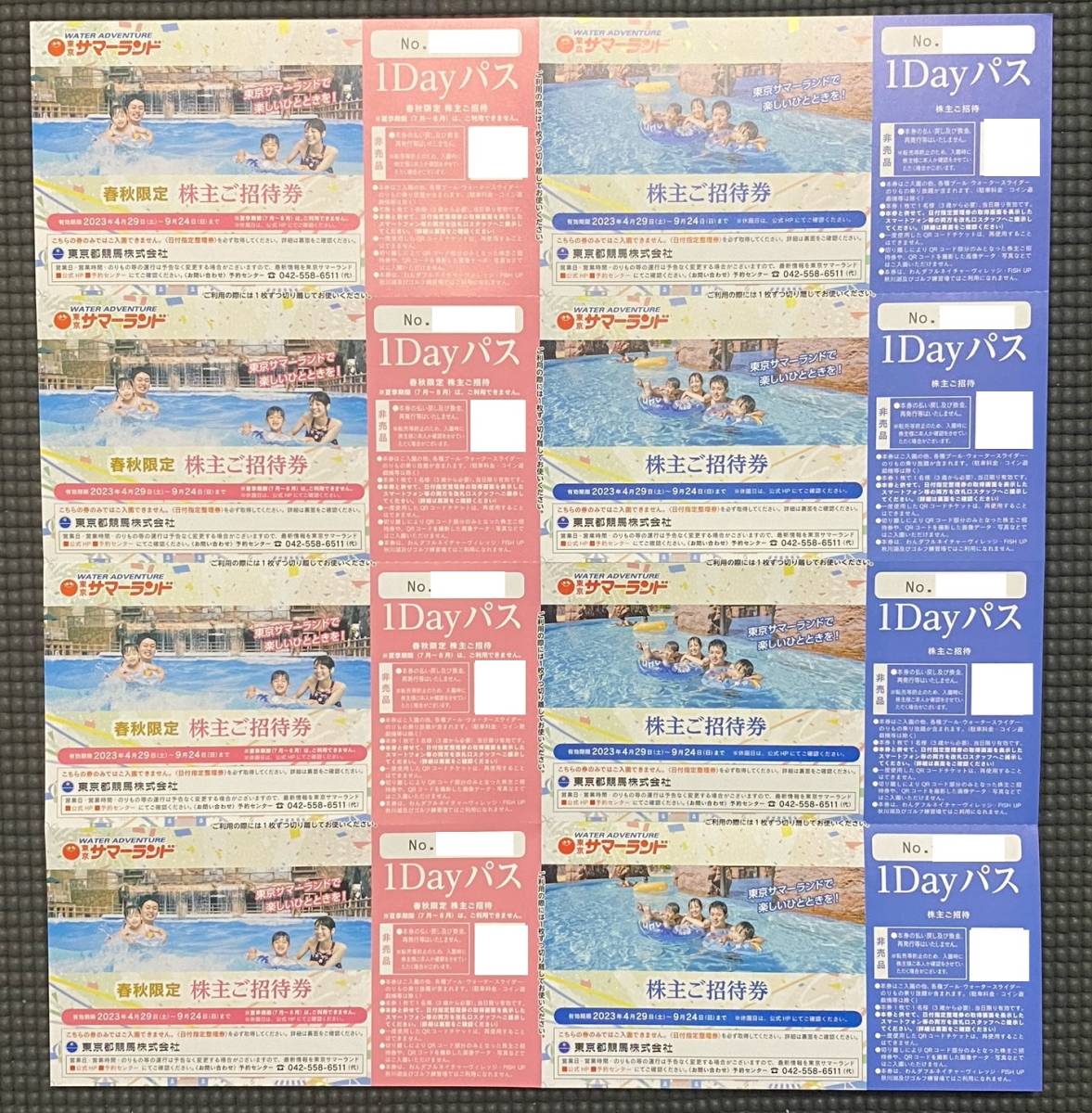 東京都競馬　株主優待　東京サマーランド　株主ご招待券×4枚＋(春秋限定)ご招待券×4枚　合計8枚(1セット)　送料無料　【管理番号：D】