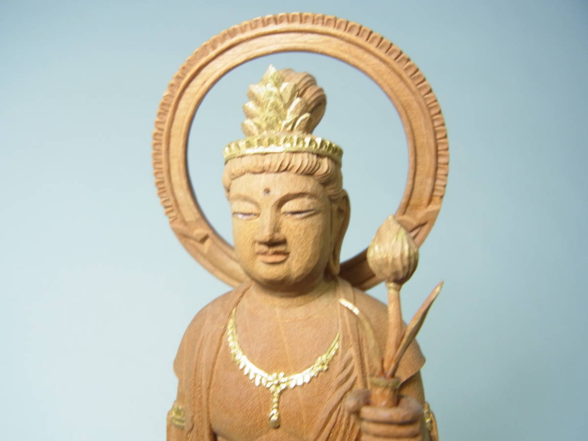 京都6☆仏教美術 木彫 聖観音菩薩 立像 台座・光背付 左手に蓮の花 高