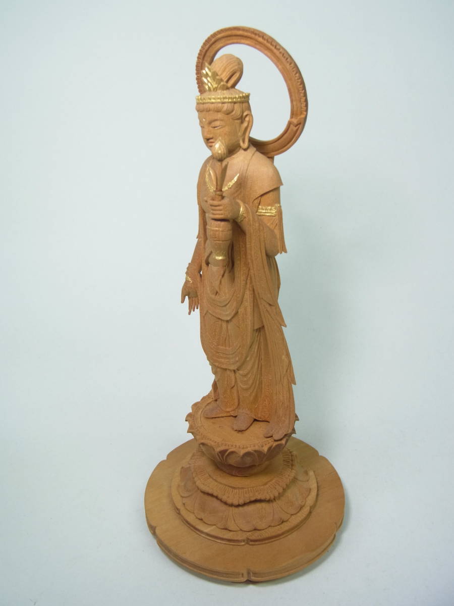 京都6☆仏教美術 木彫 聖観音菩薩 立像 台座・光背付 左手に蓮の花 高