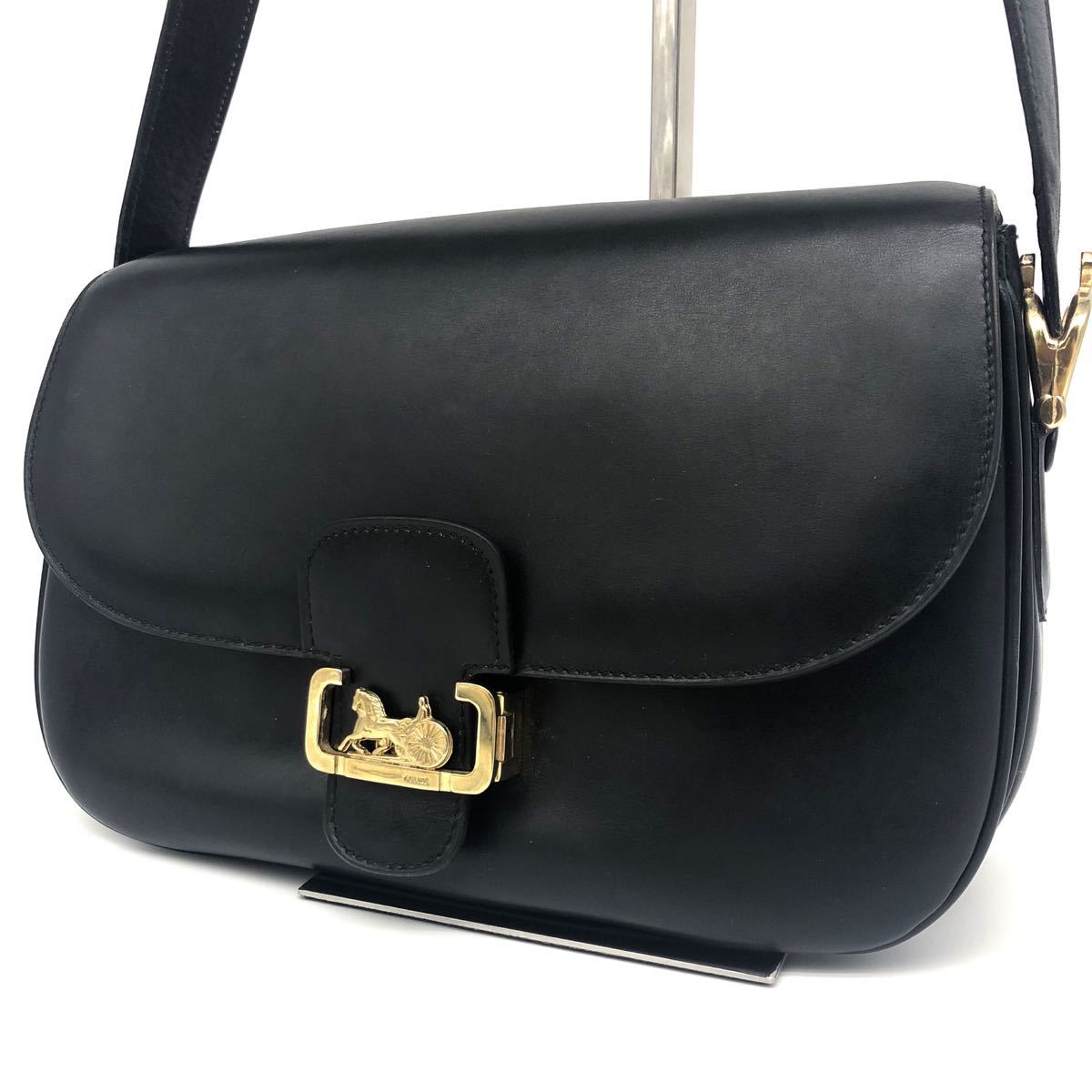 1円 CELINE セリーヌ ショルダーバッグ ポシェット サコッシュ 馬車金具 カーフレザー 革 ブラック 黒 