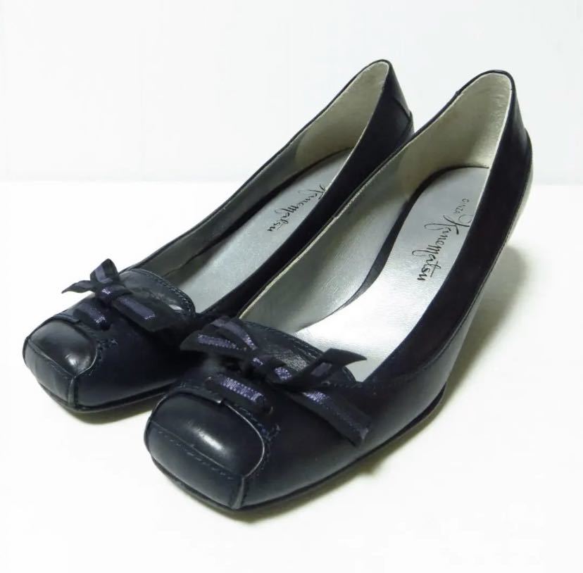 【アパレル】☆美品☆ 銀座かねまつ ウェッジソール リボンモチーフ パンプス 23.5㎝ レザー 黒 ブラック レディース 人気 おしゃれ 靴
