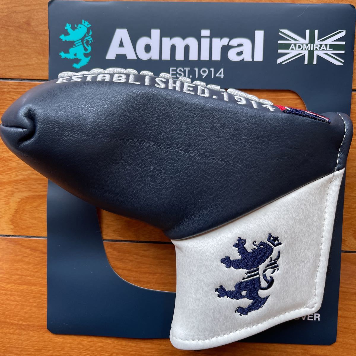送料無料Admiral GOLFアドミラル合成皮革ブレード型パターカバーピンセミマレットユニオンジャック立体LOGO肉厚ボア開口マグネットNavy新品