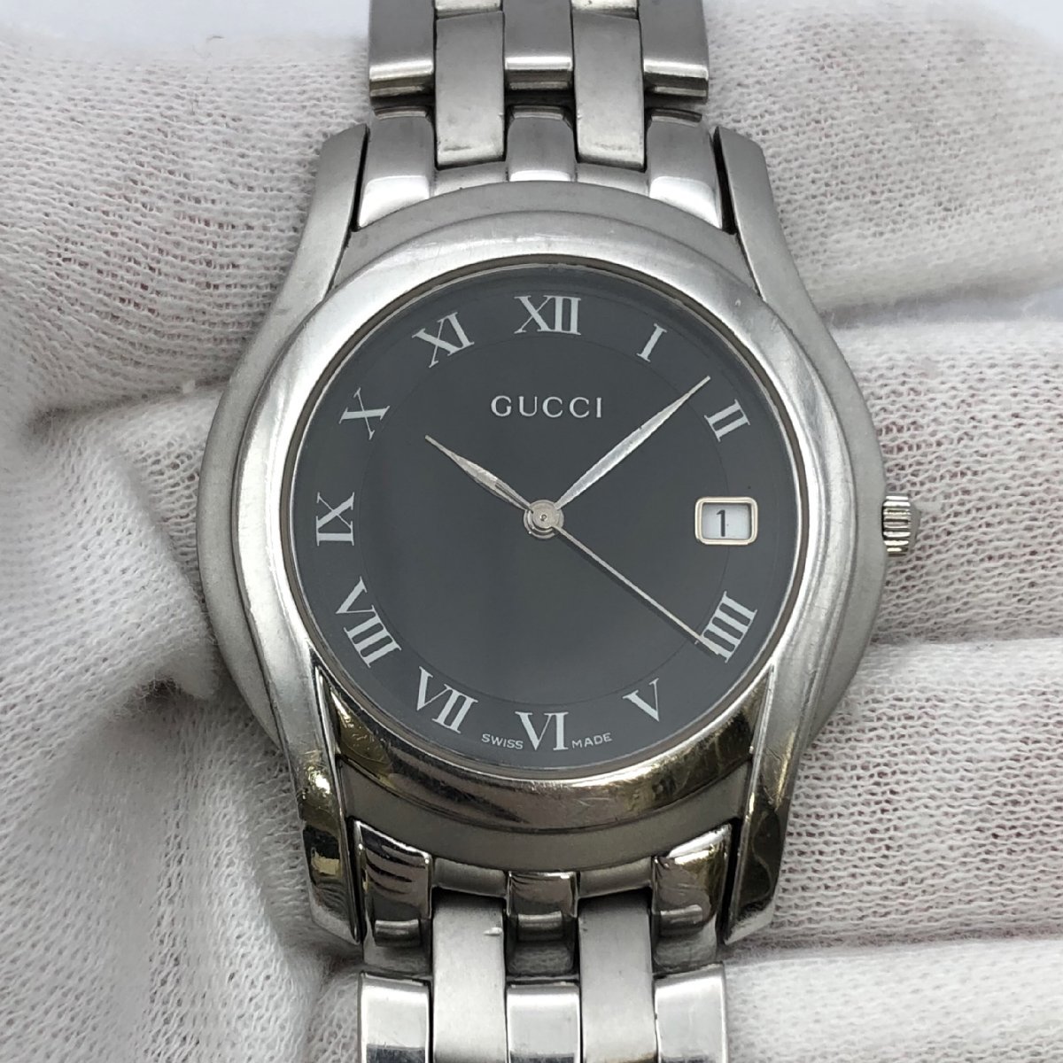 1円～/GUCCI/グッチ/5500M/3針/デイト/黒文字盤/ローマン/シルバー
