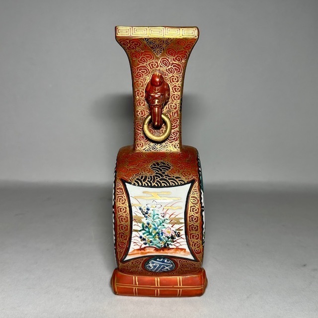 九谷焼 九谷庄三 庄三作 色絵 獣耳 花鳥人物図 双耳壺 対 花瓶 花器 共 