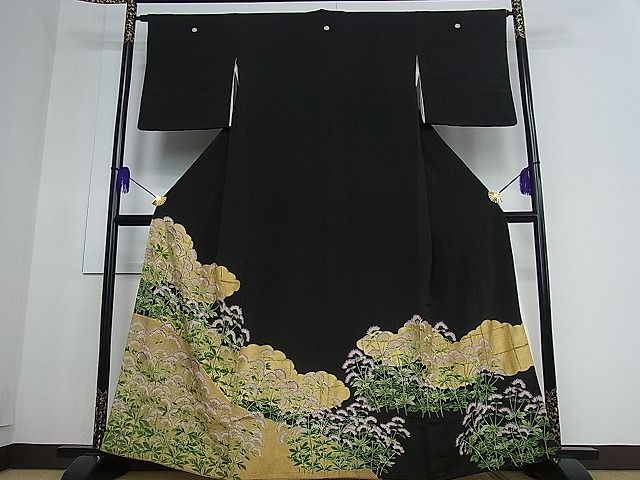 平和屋着物□豪華黒留袖 駒刺繍 雲取り風景花文 金糸 金彩