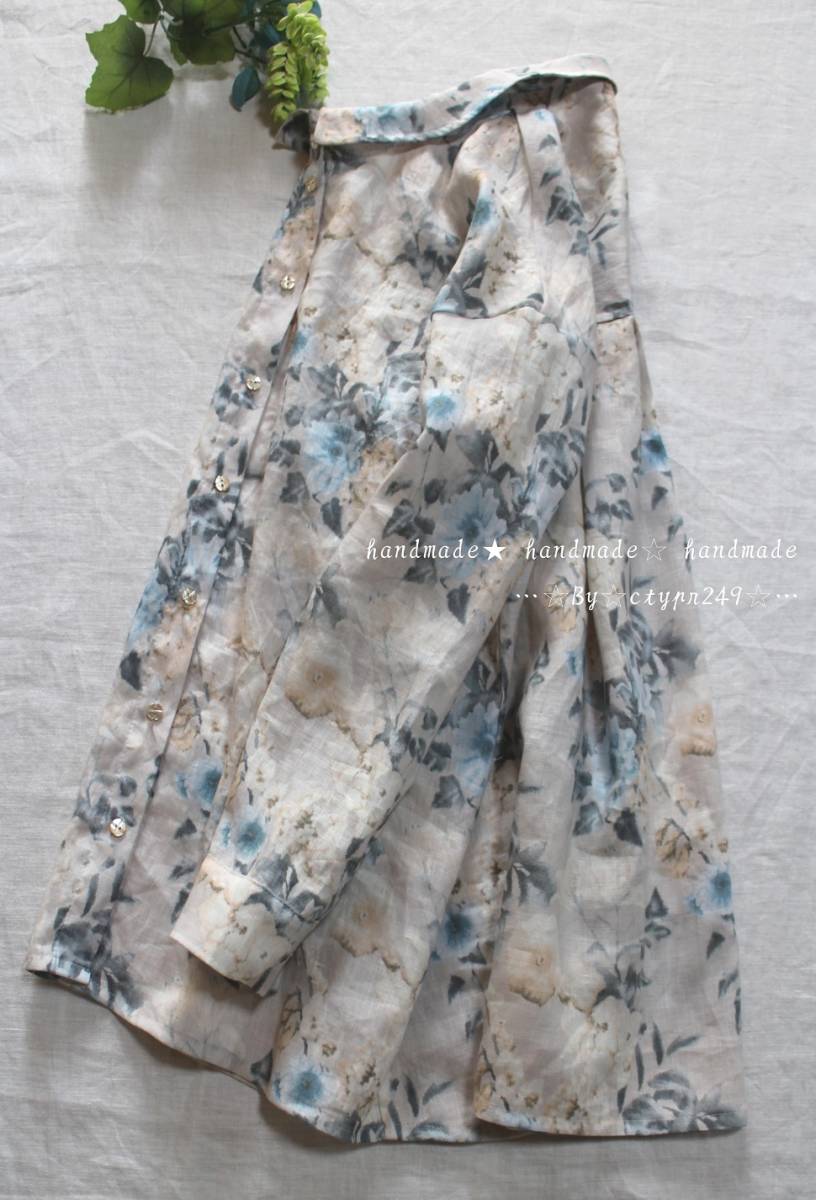 hand シャツ ブラウス レディース 花柄プリント長袖タックデザイン 