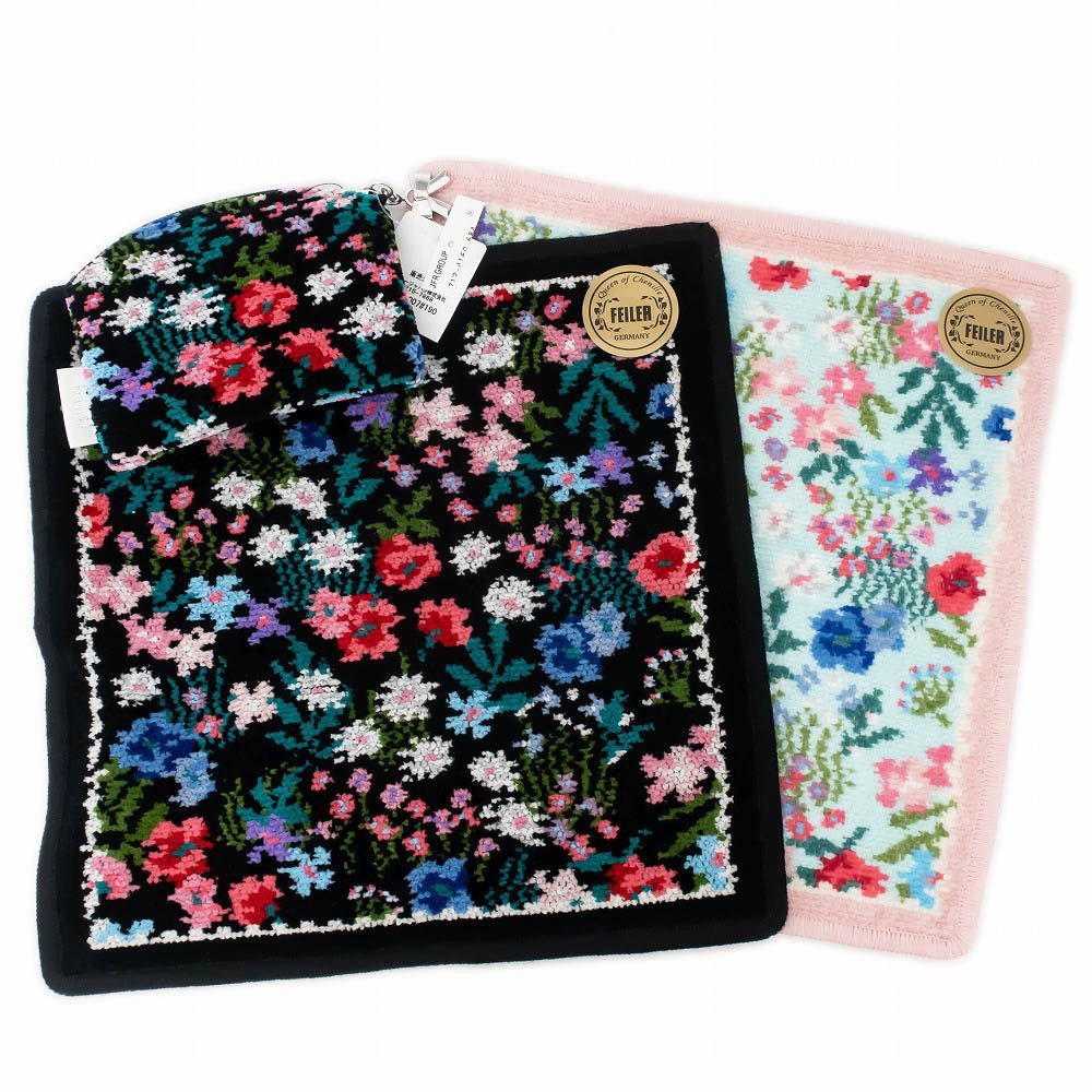 【1円】【名東】【FEILER】新品 フェイラー ミュルミュール ポーチ MUM-221007 ハンカチ 25cm ブラック ペールグリーン 3点セット まとめ