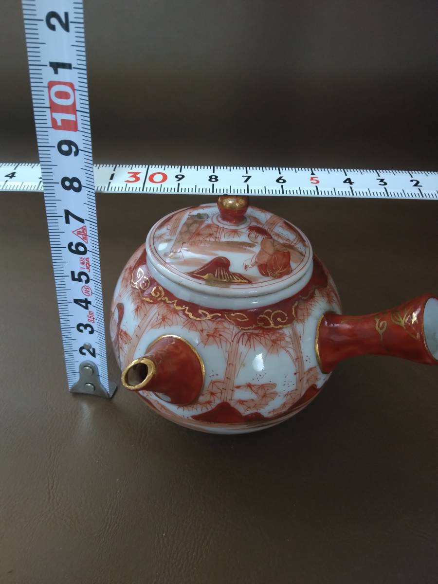 【九谷 木米】 骨董 アンティーク　急須　唐様 金彩赤絵 急須 金彩赤絵 竹林僧侶図 染付 九谷焼 骨董 2個組 木箱 ヒビあり