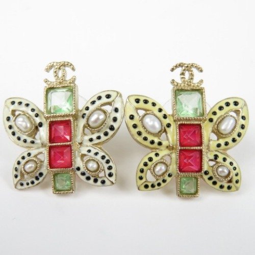 63228★1円スタート★CHANEL シャネル 極美品 蝶々 ココマーク A16C パール調 ピアス ラインストーン レディース