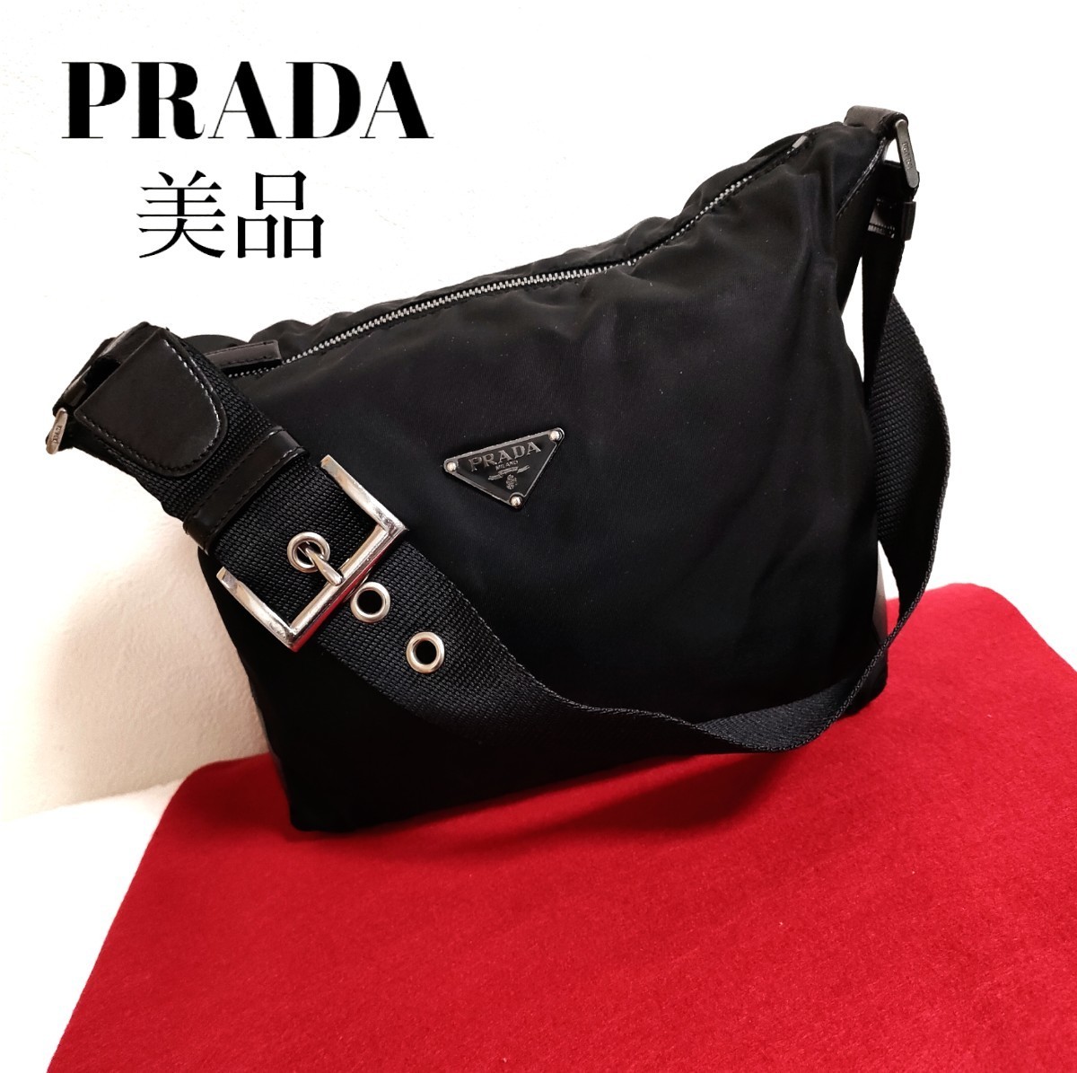 美品 PRADA アクセサリポーチ ワンショルダー トートバッグ ハンドバッグ ブラック ナイロン レザー プラダ ショルダーバッグ
