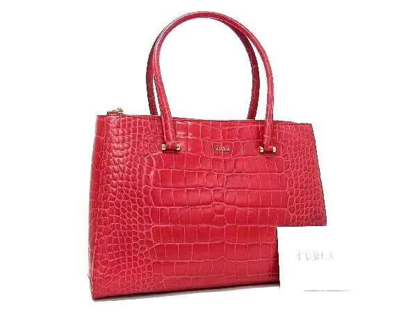 1円 ■極美品■ FURLA フルラ クロコダイル型押しレザー トート ショルダー ハンドバッグ レディース レッド系 AK2143Wオ
