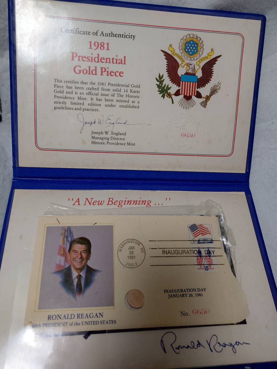 １９８１年・アメリカレーガン大統領記念コインセット（切手＆１４Ｋコイン１枚入 １ｇ）・希少