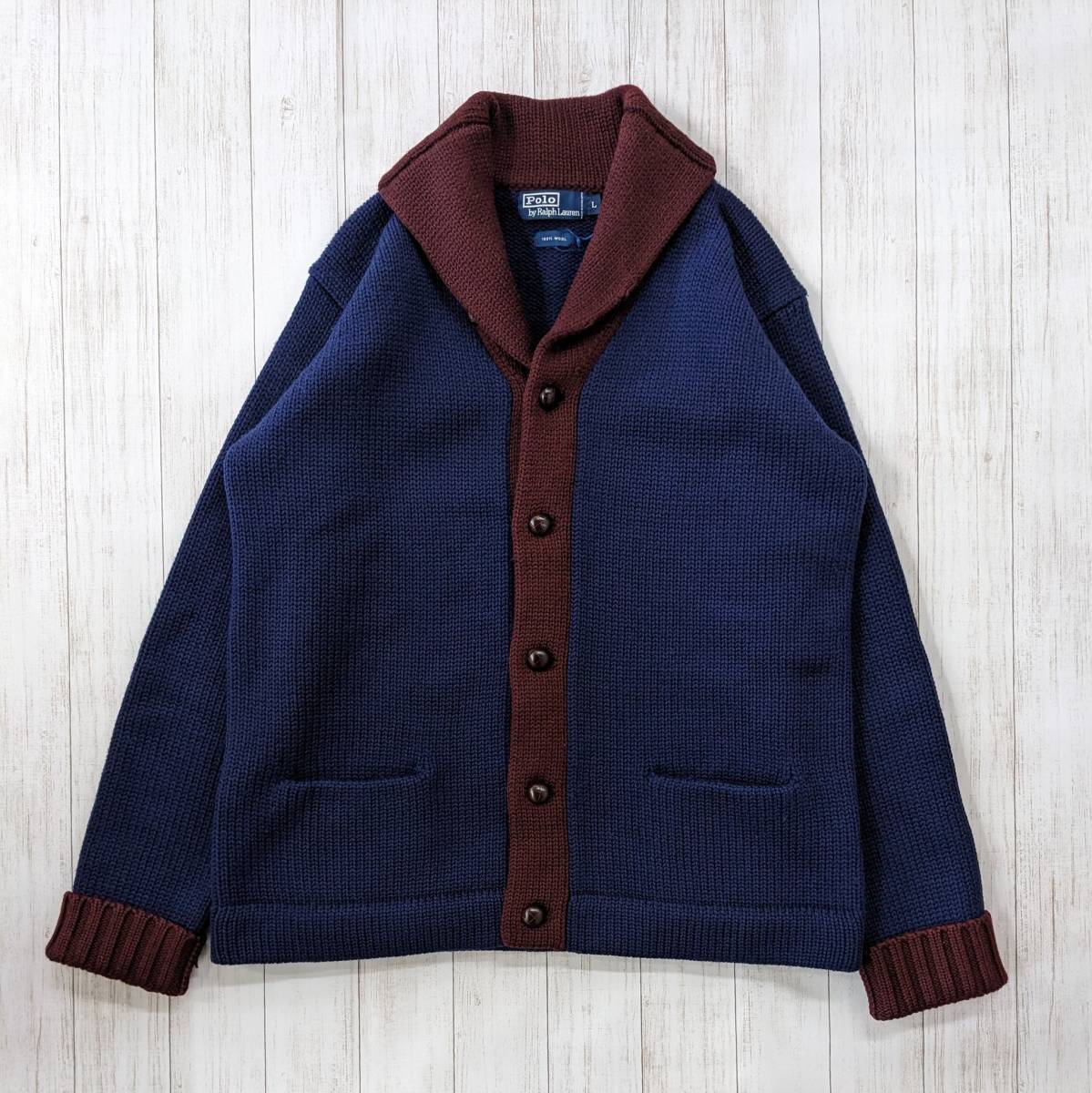 POLO by RALPH LAURENポロバイラルフローレン90s/ヴィンテージ/香港製/ヘビーオンスショールカラーニットカーディガン/厚手/くるみボタン