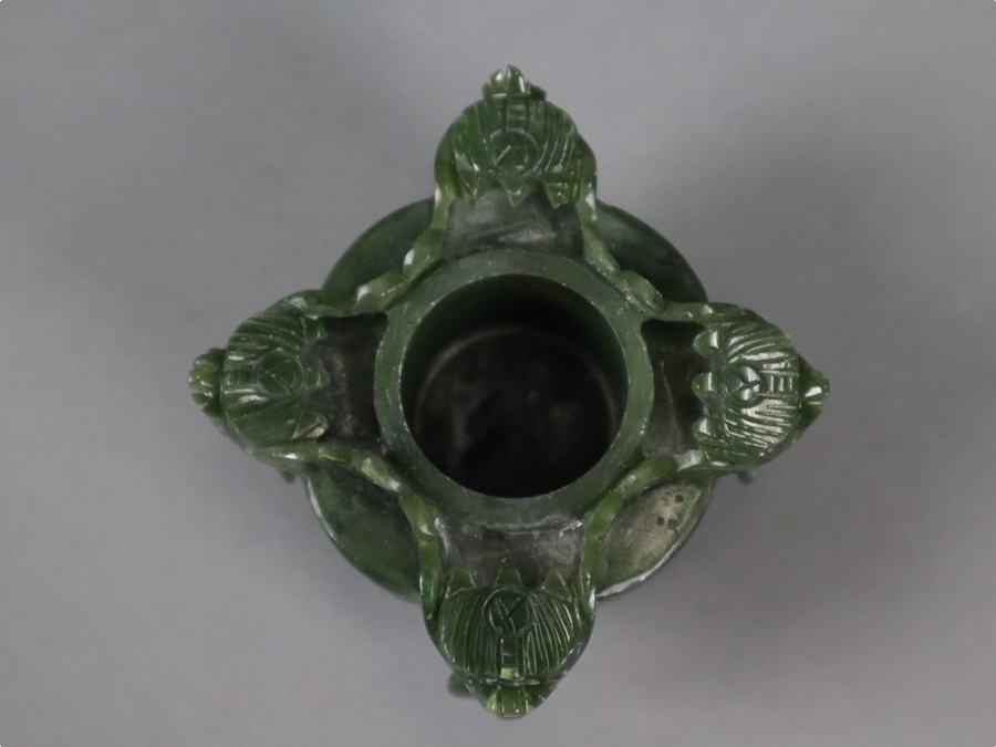 中国美術 和田碧玉彫刻 獅子蓋龍耳遊環付三足香炉 箱
