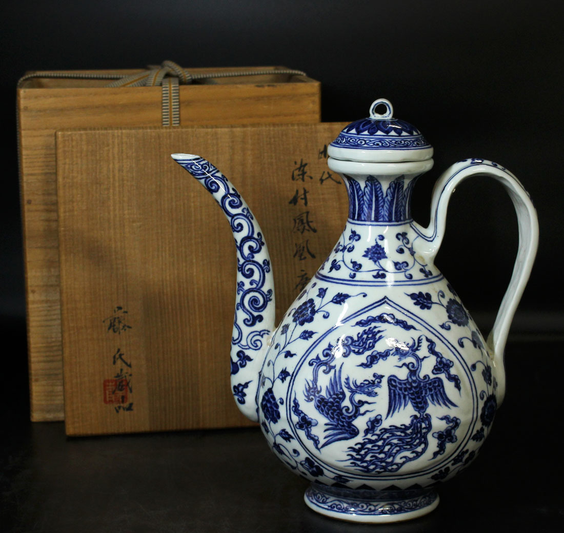 激安大特価 銘品 官窯景徳鎮窯染付鳳凰唐草文水