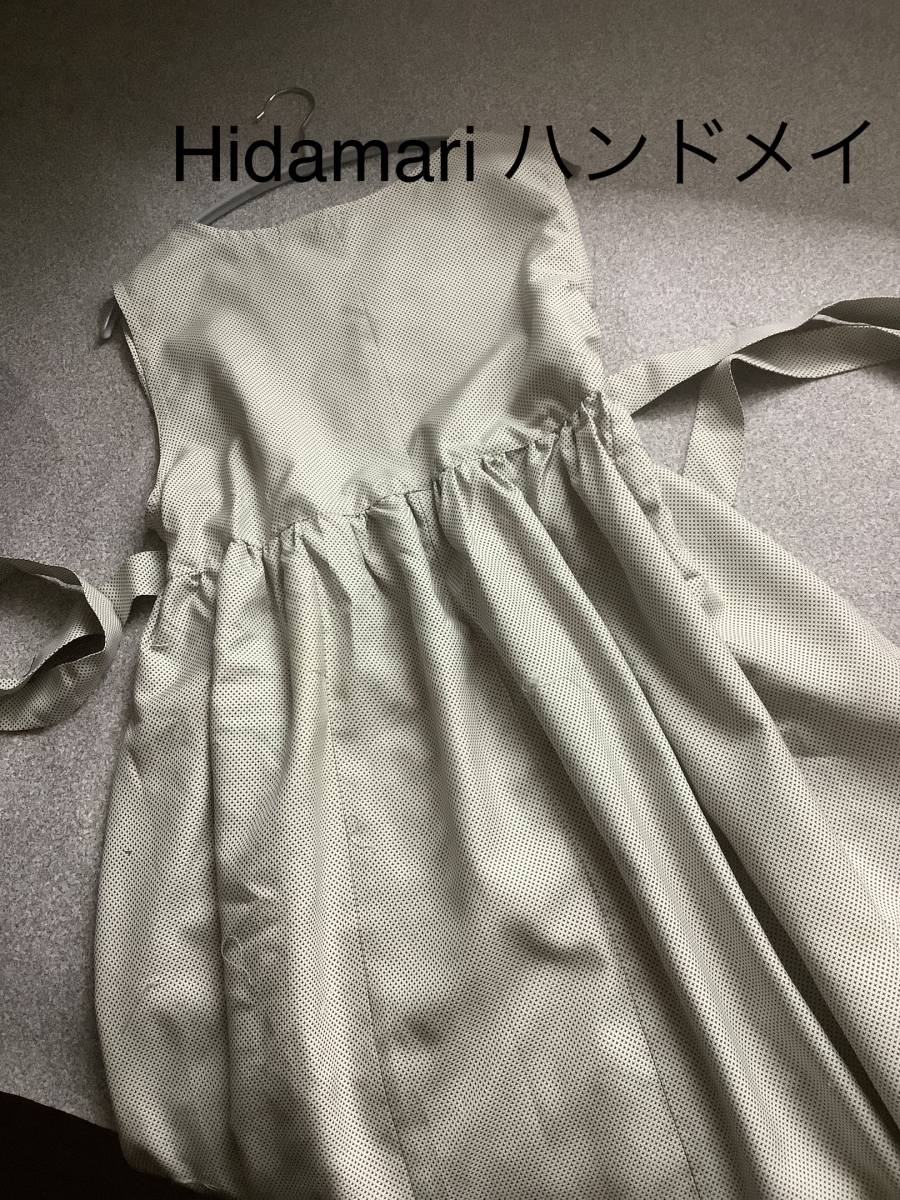 Hidamari 着物リメイク♪ハンドメイド紬オフホワイトハイウエスト切り替えギャザーワンピース★ひも付き