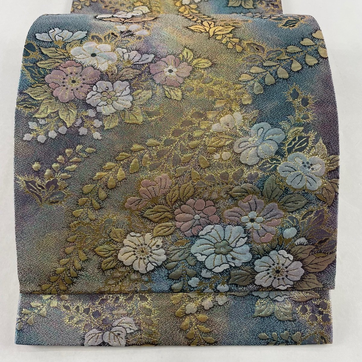 袋帯 秀品 箔 六通 美品 正絹 金糸 青紫 草花 中古 華文 桜 金
