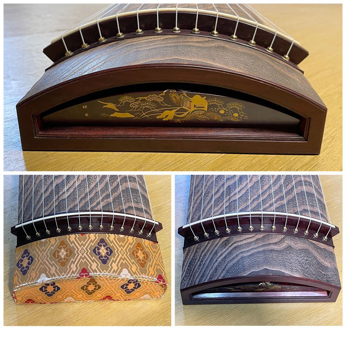 琴 筝 研水銘 和楽器 13弦 くり甲 綾杉彫り 猫足 蒔絵 螺旋細工(筝、琴