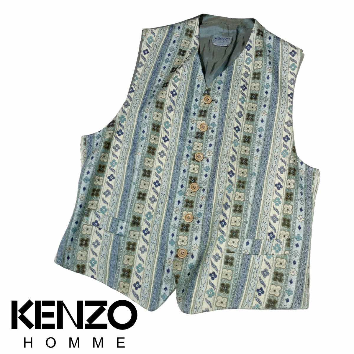 匿名】フランス製 ケンゾーオム KENZO シルク100％花模様ジレ ベストM 
