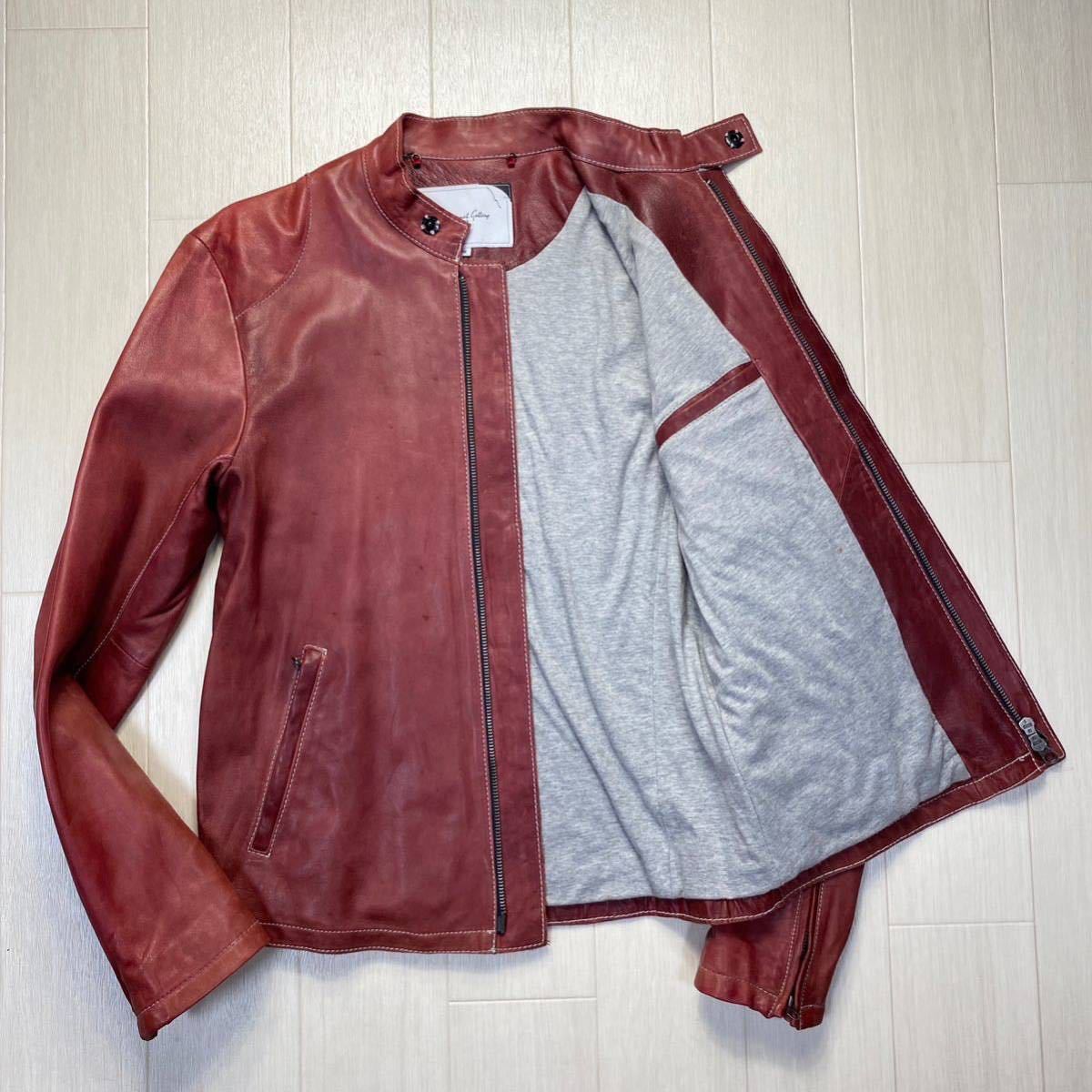 【ビームス/BEAMS】希少カラー★ ラムスキン(羊革) レザーライダース ジャケット ブルゾン 白ステッチ 色ムラ◎ メンズ M 赤 レッド
