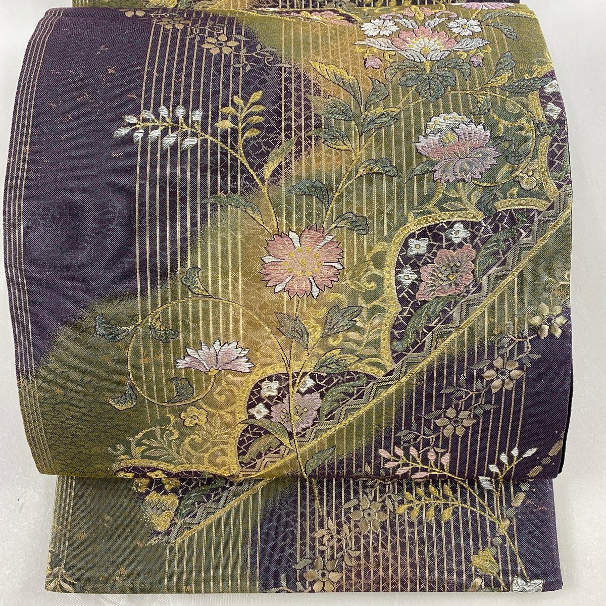 袋帯 美品 秀品 草花 縦縞 金糸 箔 紫 六通 正絹 【中古】 袋帯 秀