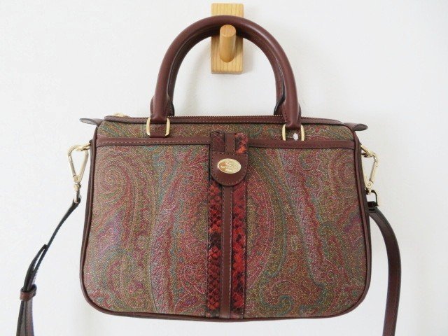 M05 ETRO エトロ ペイズリー柄 パイソン/PVC/レザー 2WAYバッグ ハンドバッグ ショルダーバッグ ブラウン