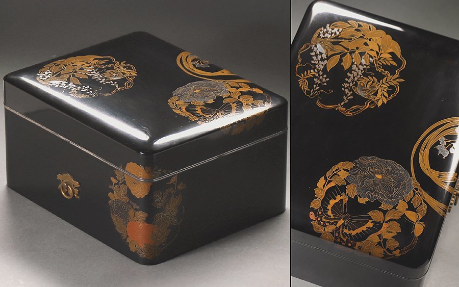激安大特価，送料無料 &nabla;花&nabla;近代秀逸蒔絵 花鳥丸紋平蒔絵鍍金被菊紐坐 銀覆輪黒塗内梨子地御手箱 21(硯箱、文箱)｜売買されたオークション情報、yahooの商品情報をアーカイブ公開 - オークファン 硯箱、文箱