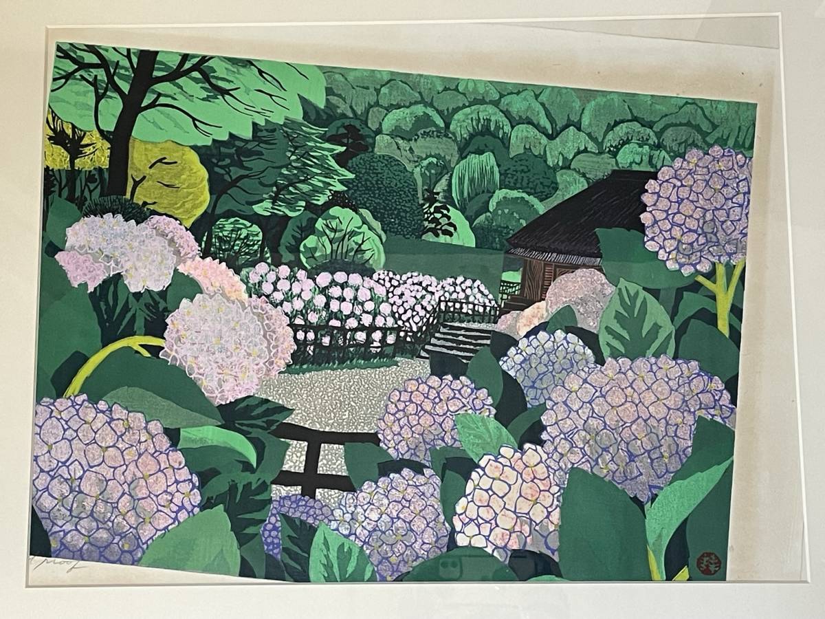 額装 木版画】 林和一 「紫陽花」 A.P 春陽会会員 浜松 美術品