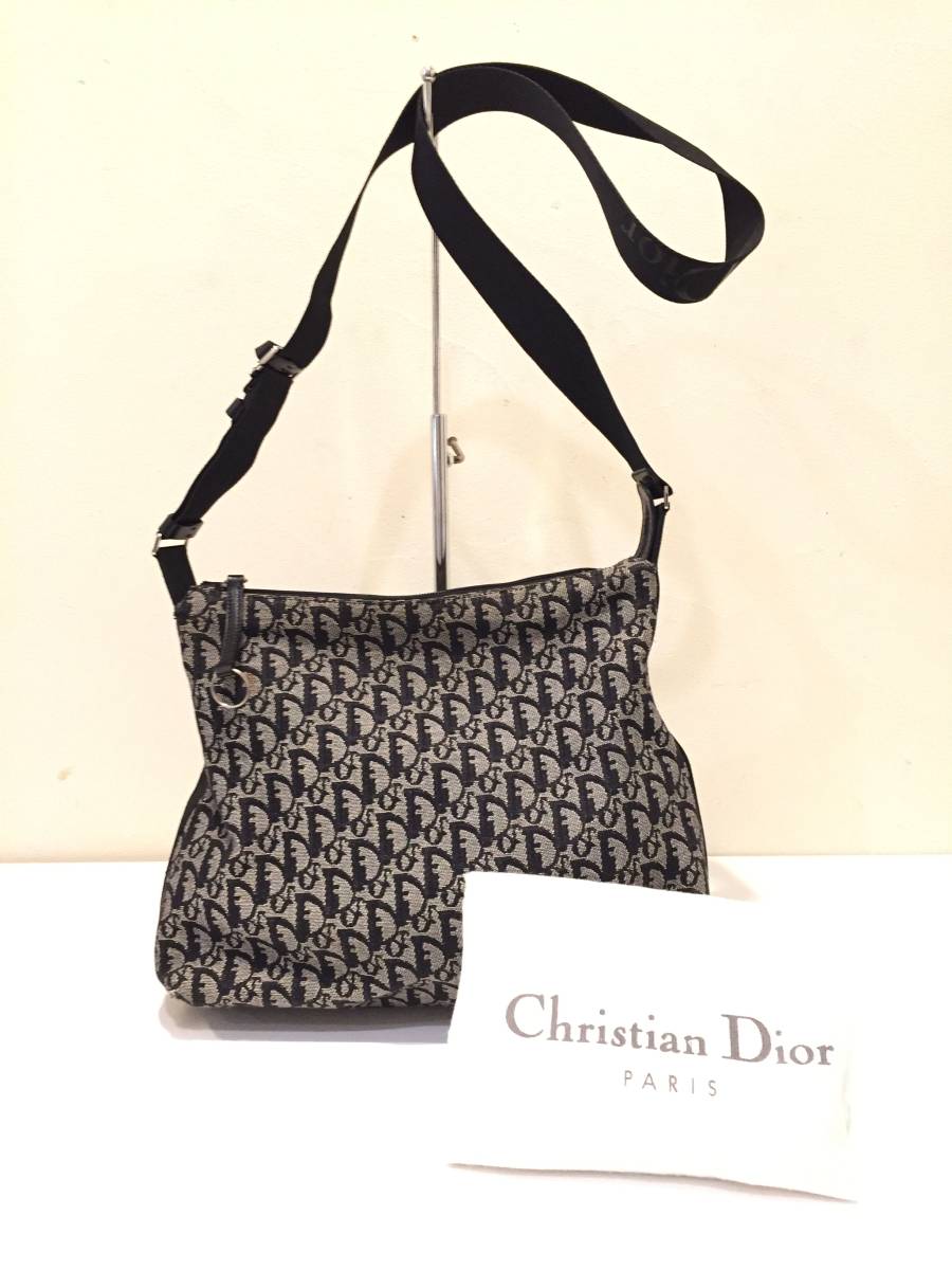【中古品】Christian Dior クリスチャン ディオール トロッター ショルダーバッグ 斜め掛け ジャガード レザー ネイビー 保存袋付き