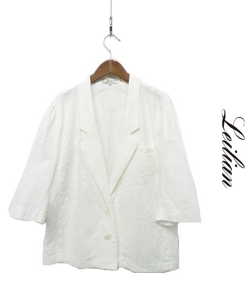 V128/美品 Leilian ジャケット リネン 2つボタン 7分袖 刺繍 13+ XL 白 大きいサイズ ゆったり プラスハウス 春夏