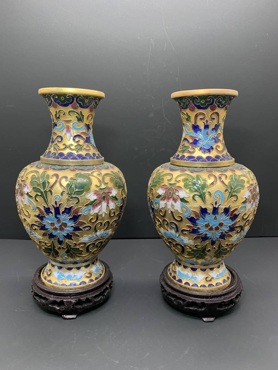 中国美術＊中国七宝＊花瓶一対＊台座付＊箱入 中国七宝焼