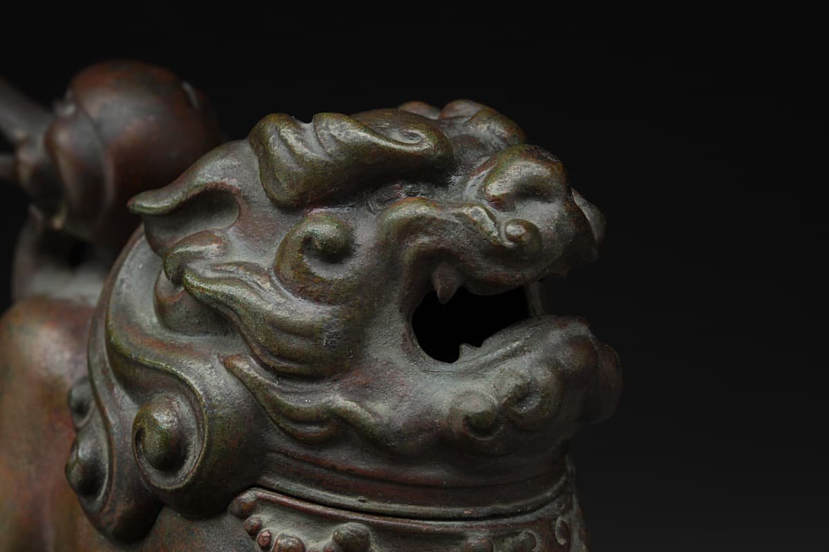 EK322 秀明 作銅製 唐獅子香炉 幅12cm 重570g・唐獅子 明治金工師 | 香炉