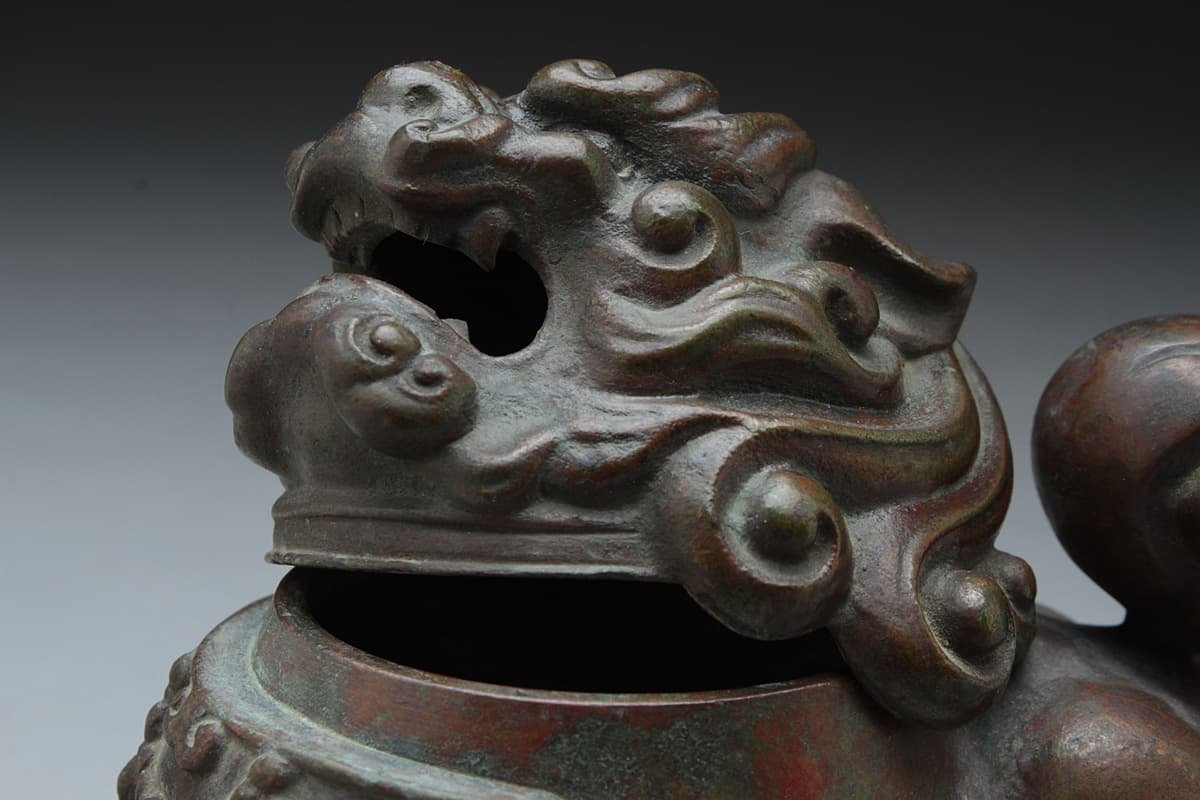 EK322 秀明 作銅製 唐獅子香炉 幅12cm 重570g・唐獅子 明治金工師 | 香炉