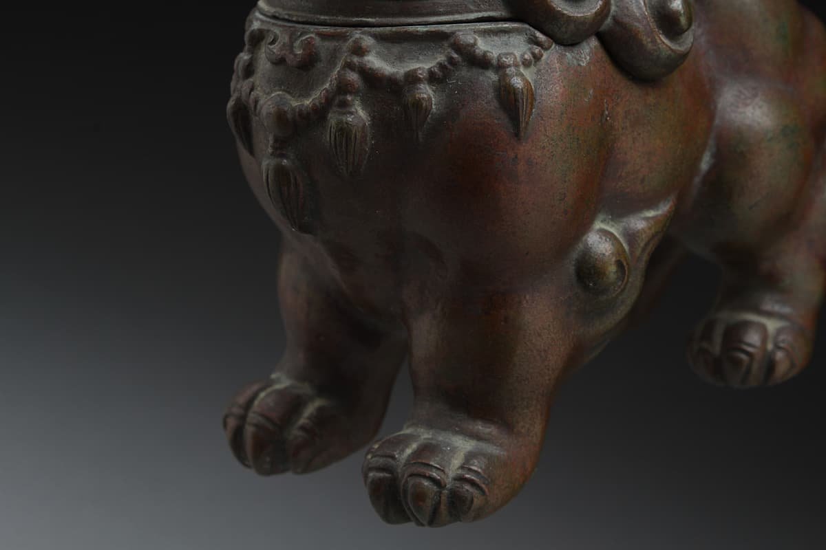 EK322 秀明 作銅製 唐獅子香炉 幅12cm 重570g・唐獅子 明治金工師 | 香炉