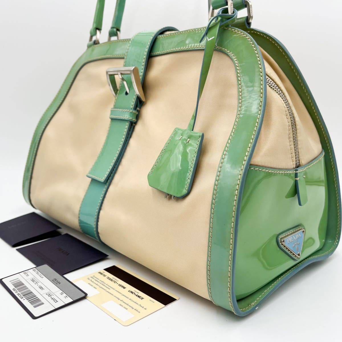 プラダ PRADA パテントレザー ナイロン エメラルドグリーン ベージュ 