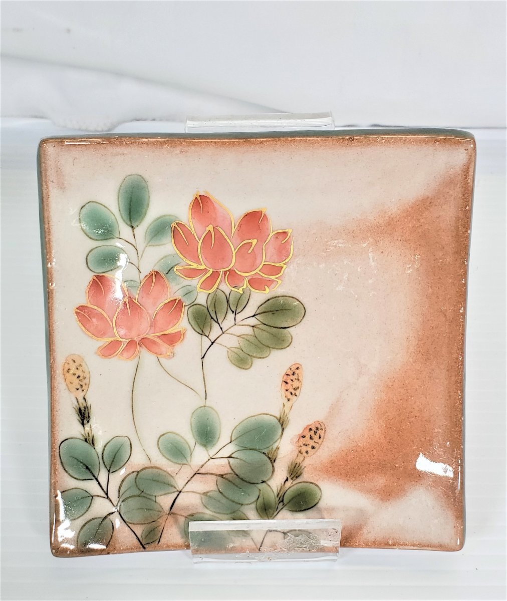 A55104 [おそらく未使用] 京焼 清水焼 陶あん 色絵付け 絵変わり角皿 5