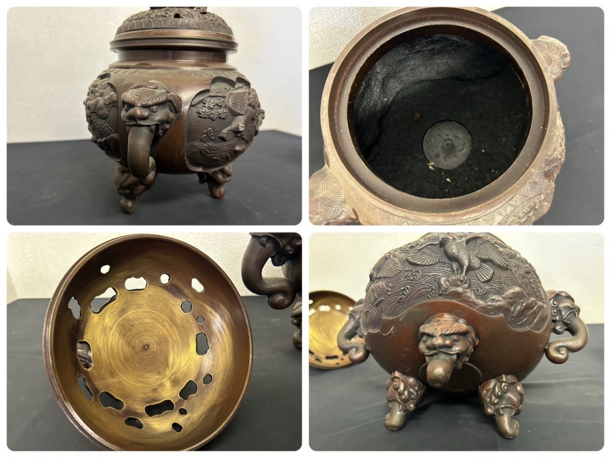 蔵出し 銅製花鳥彫獣三脚耳獅子 骨董品 金属工芸品 現状品