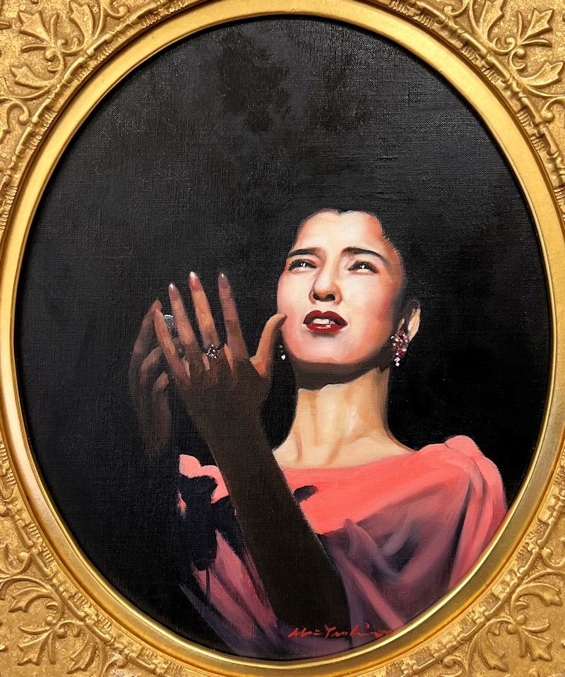 【FCP】 真作保証 八代亜紀 油彩画８号 「熱唱」 本作品を持った作家本人ポラロイド写真(サイン入り)付属 2002年作 ミリオンアートシール有_2