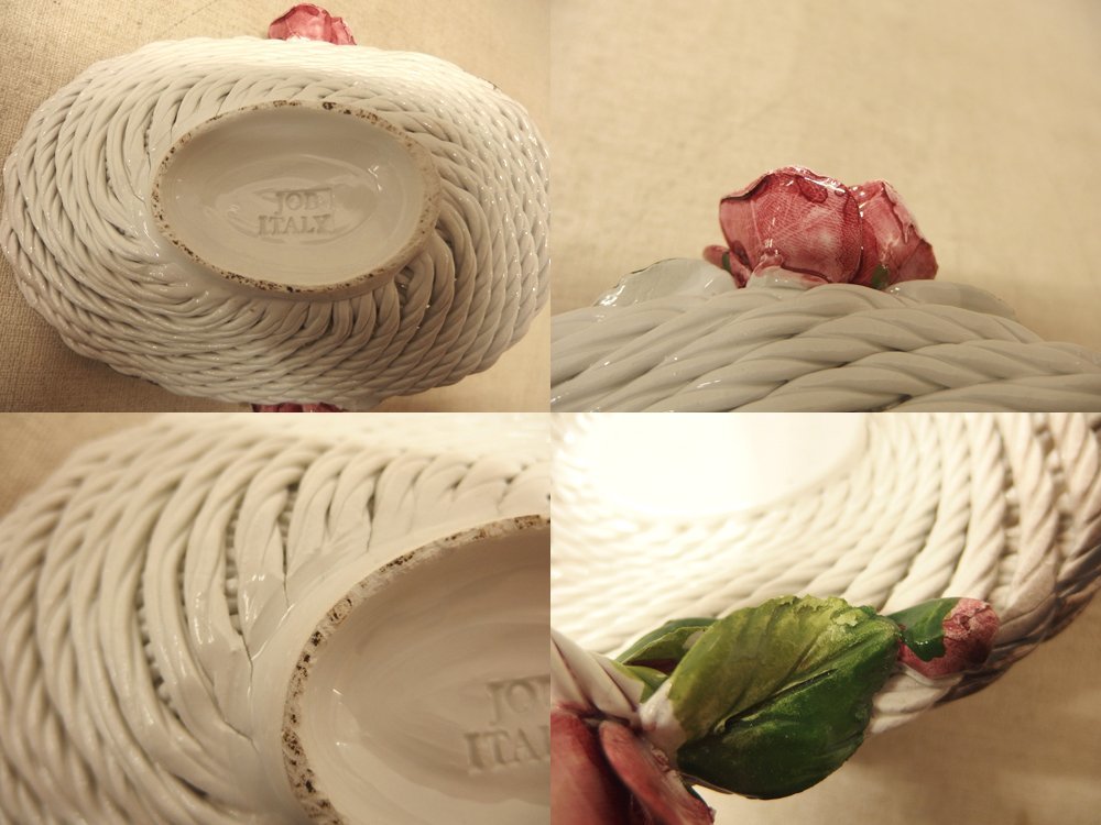 0630330w イタリア製 陶器 バスケット 陶花/立体装飾/花かご/バラの花